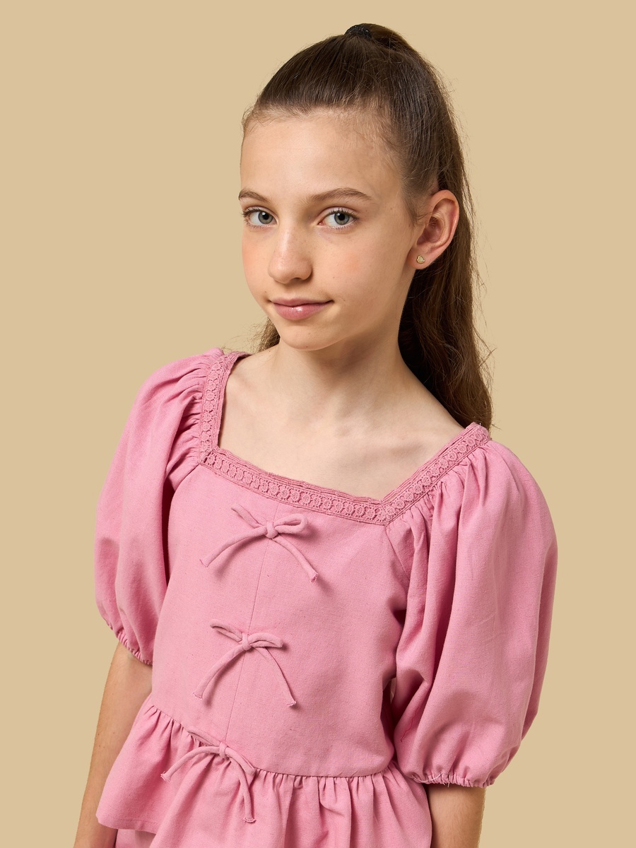 Bow Detail Puff Sleeve Peplum Top and Pants Set