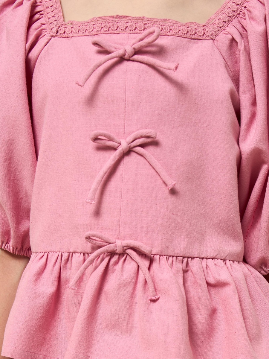 Bow Detail Puff Sleeve Peplum Top and Pants Set