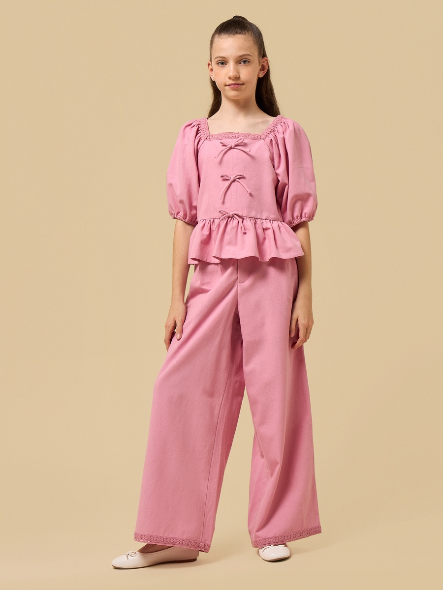 Bow Detail Puff Sleeve Peplum Top and Pants Set