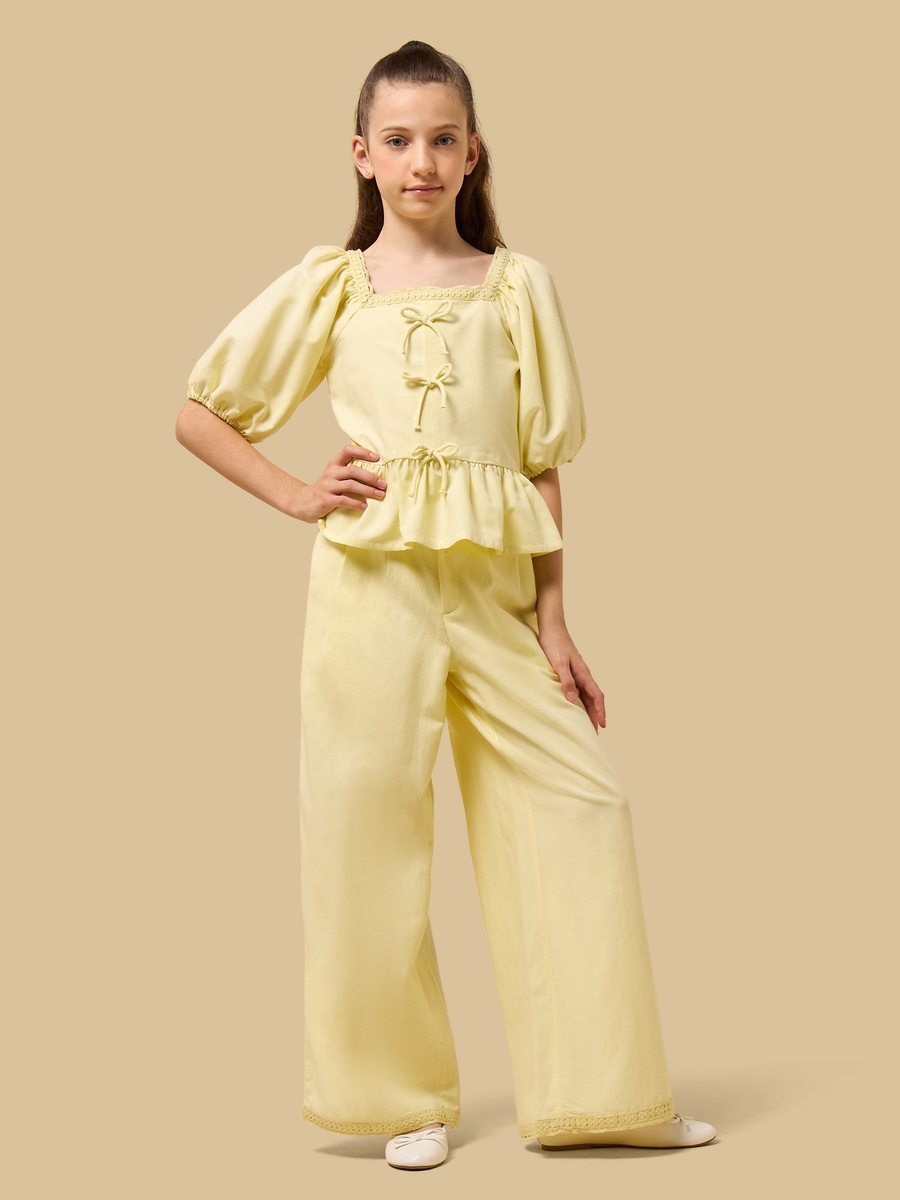Bow Detail Puff Sleeve Peplum Top and Pants Set