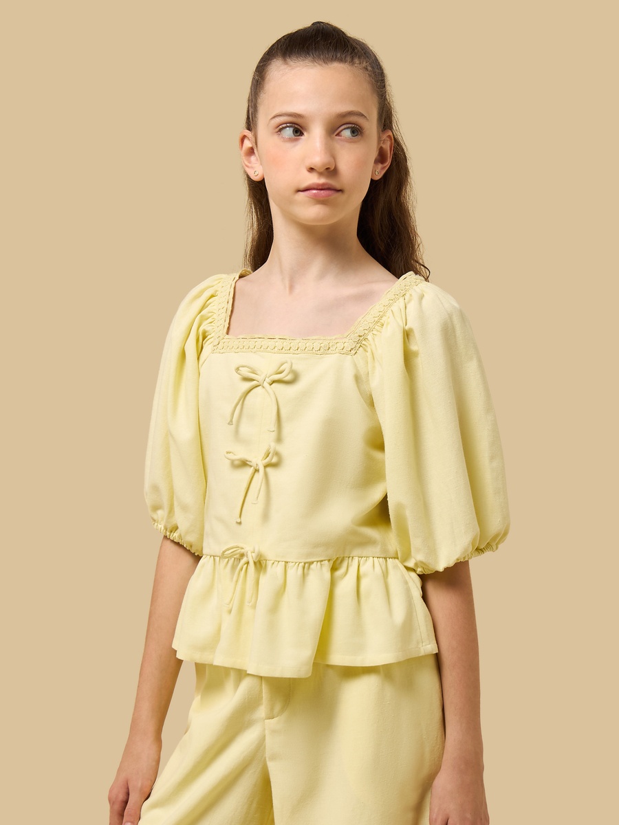 Bow Detail Puff Sleeve Peplum Top and Pants Set
