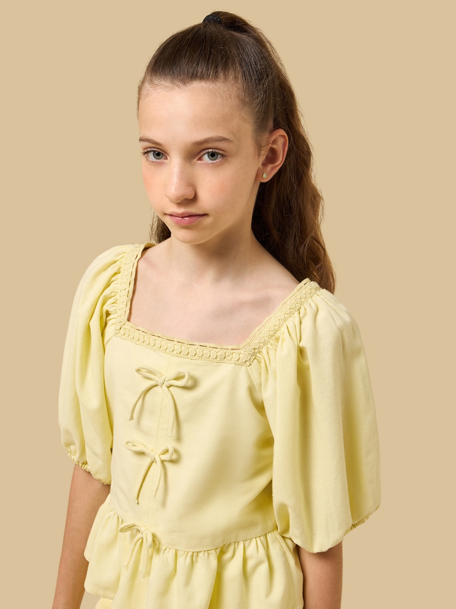 Bow Detail Puff Sleeve Peplum Top and Pants Set