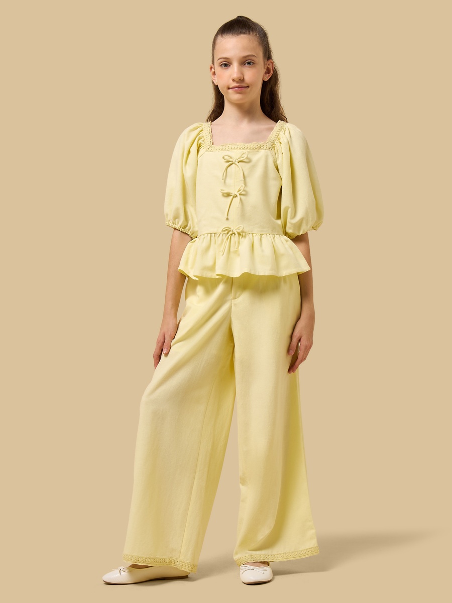 Bow Detail Puff Sleeve Peplum Top and Pants Set