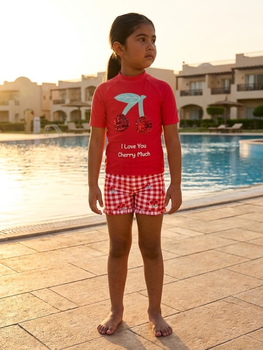 Cherry Sequin Embellished Top and Shorts Set with Scrunchie