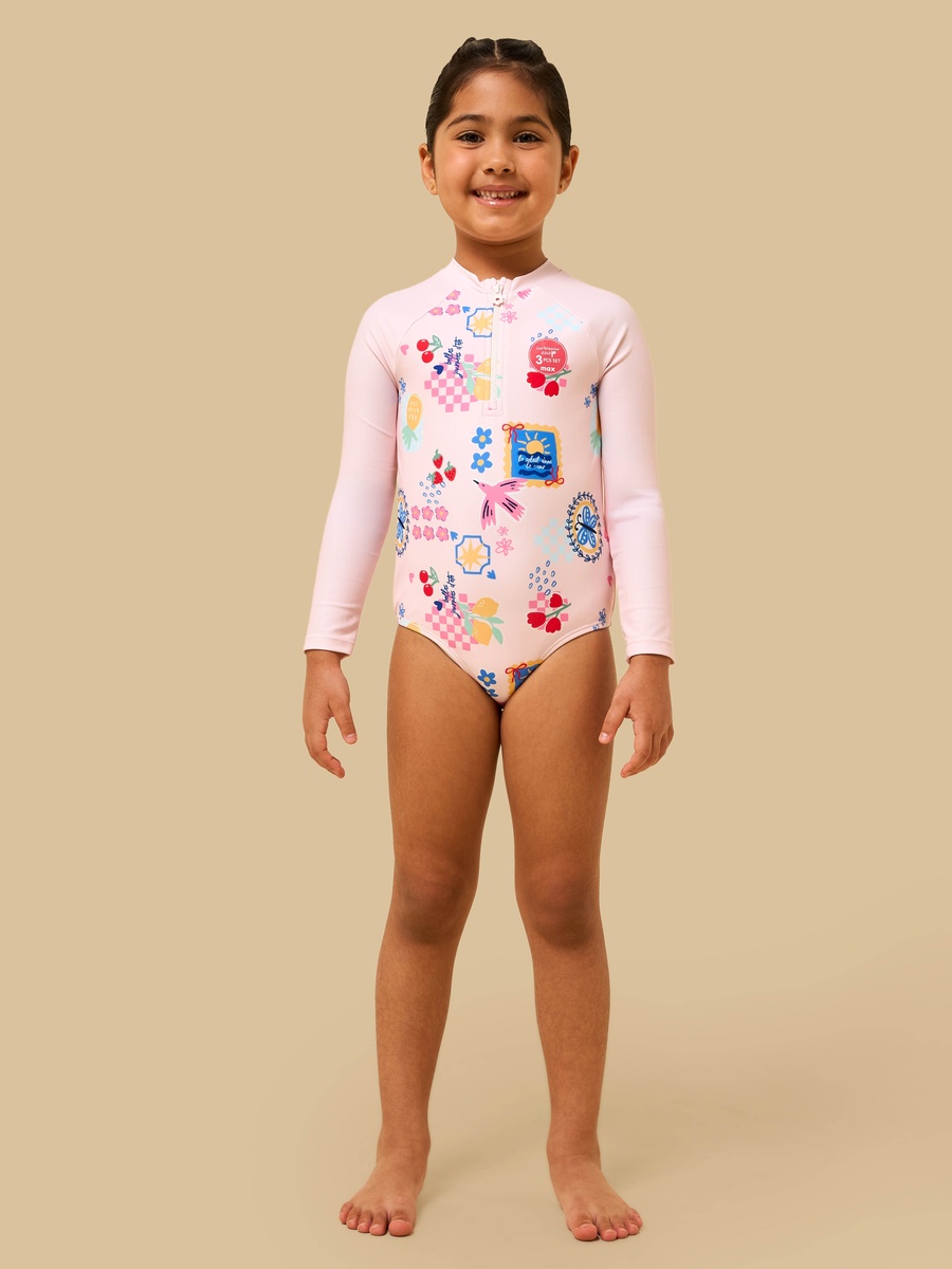 Graphic Print Swimsuit with Skirt and Cap