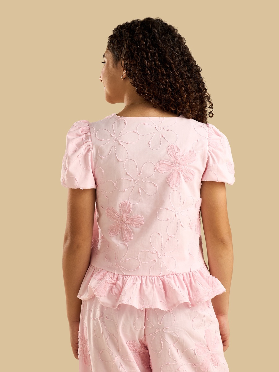 Floral Embroidered Cotton Top with Bow Detail