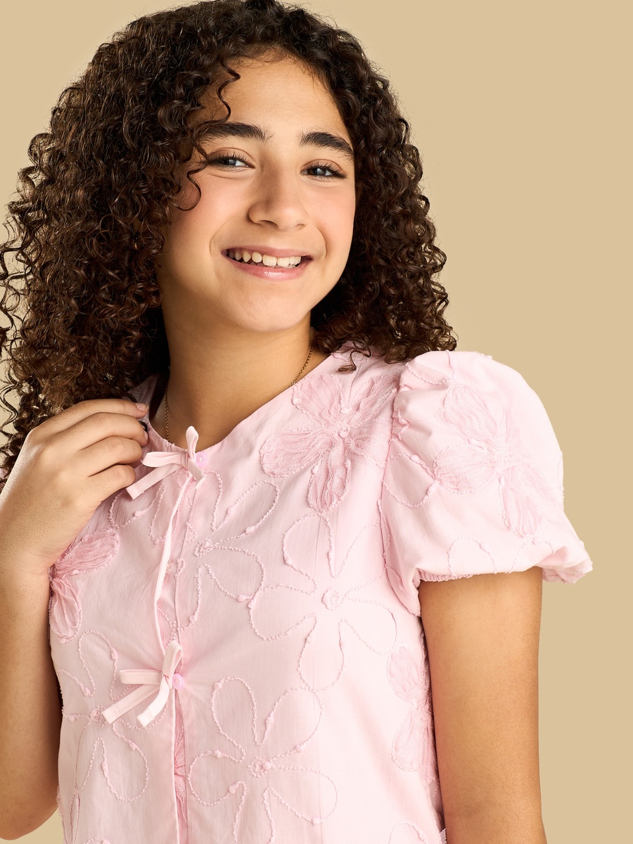 Floral Embroidered Cotton Top with Bow Detail