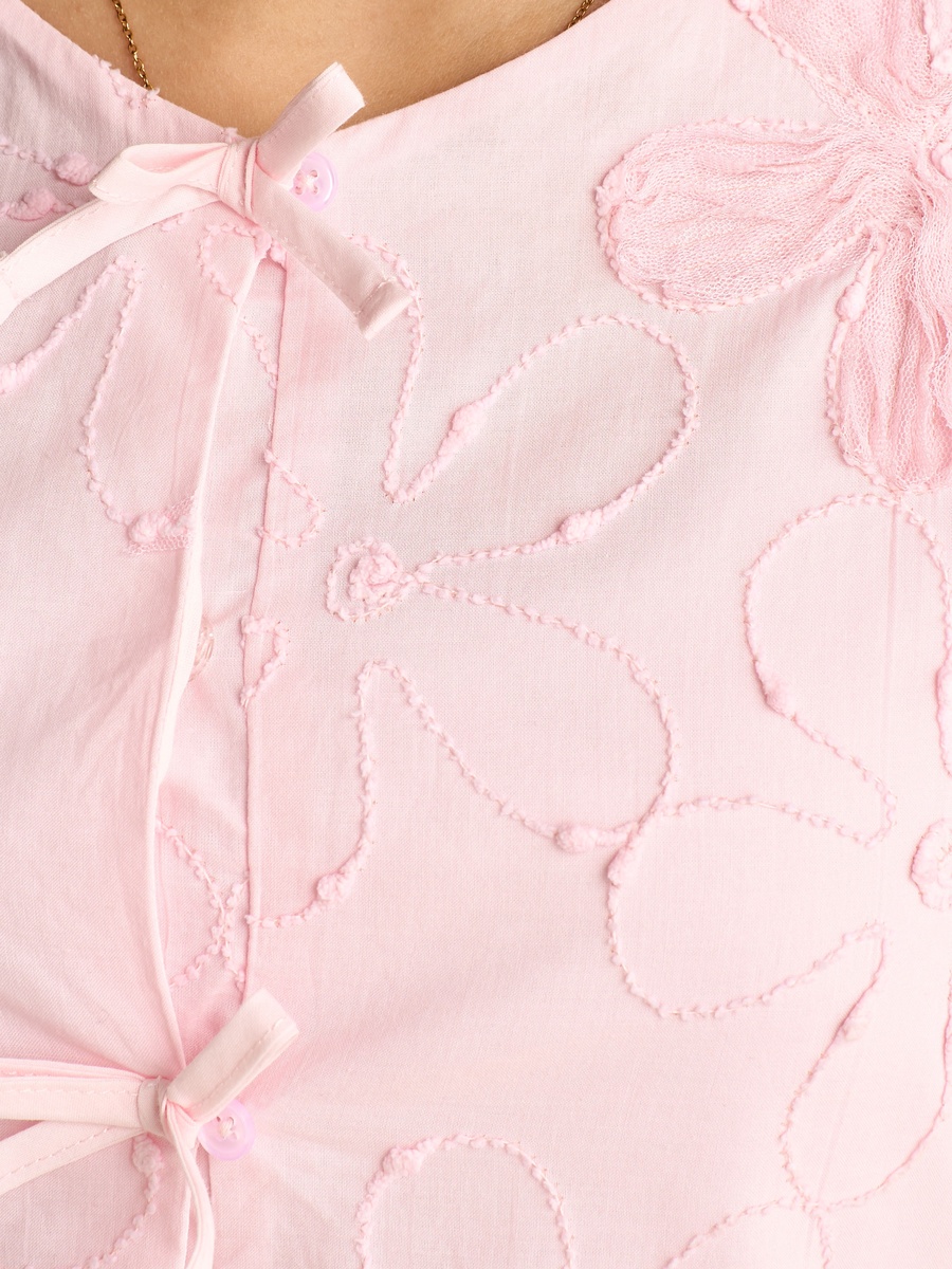 Floral Embroidered Cotton Top with Bow Detail