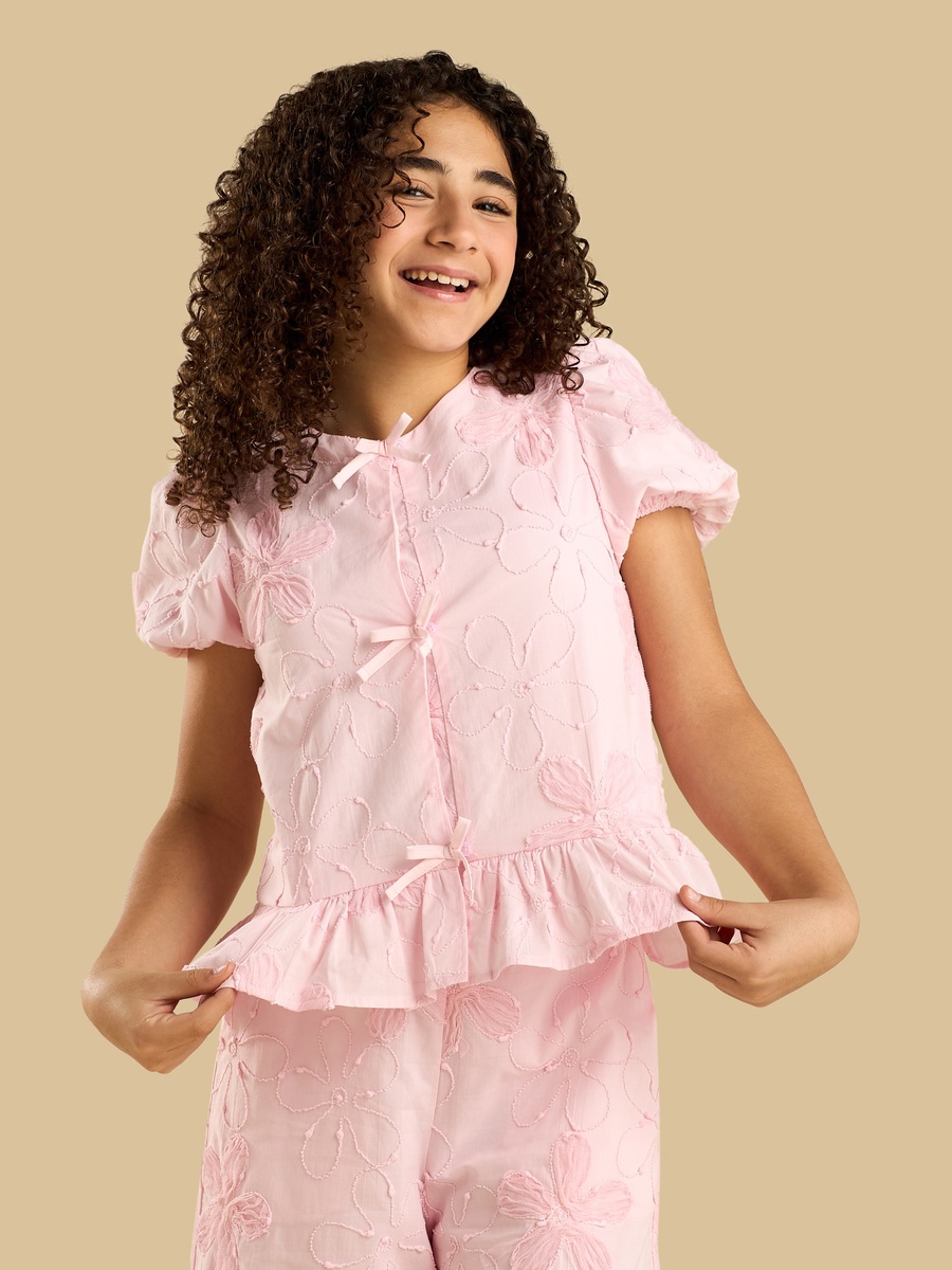 Floral Embroidered Cotton Top with Bow Detail