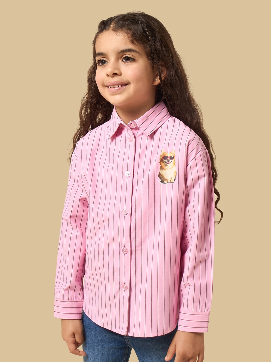 Dog Print Striped Oversized Linen Blend Shirt
