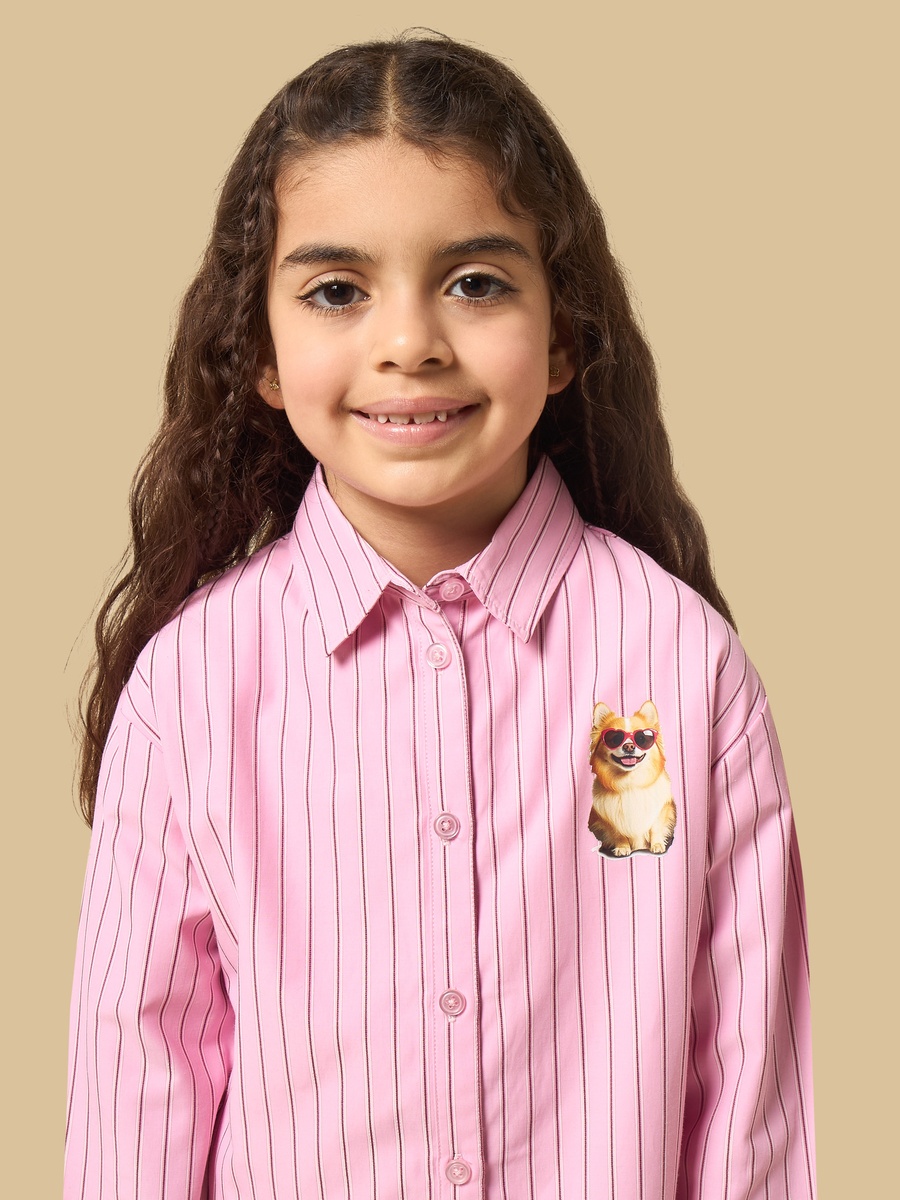 Dog Print Striped Oversized Linen Blend Shirt