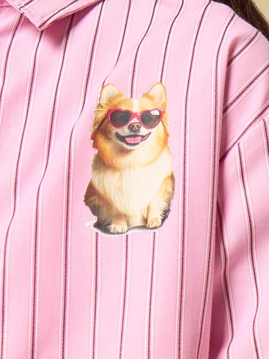 Dog Print Striped Oversized Linen Blend Shirt