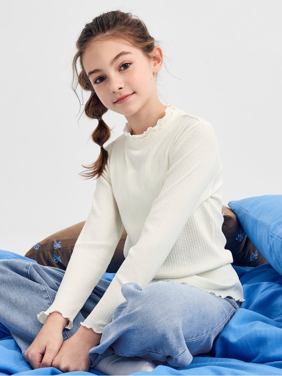 Ribbed Blouse with Frill Neckline