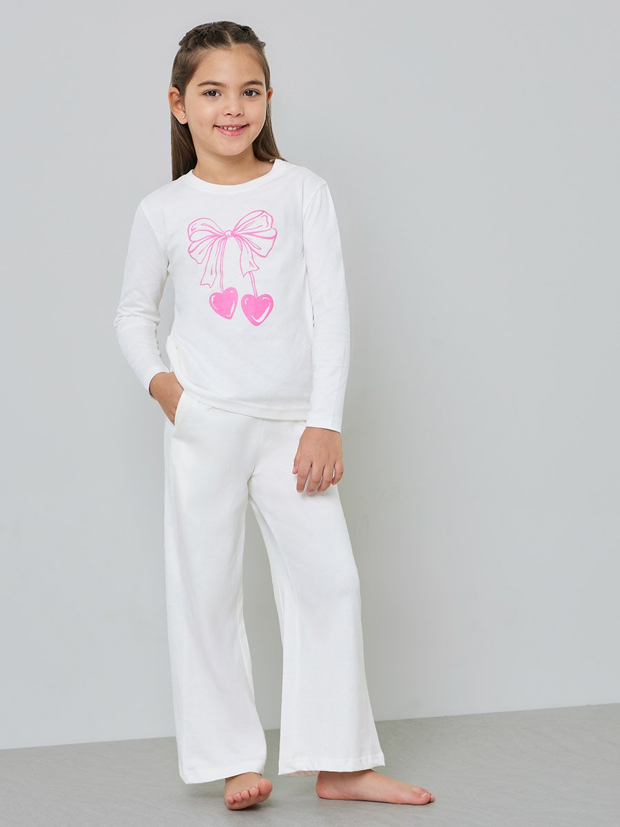 Girls Bow Print Cotton T-Shirt and Pyjama Set