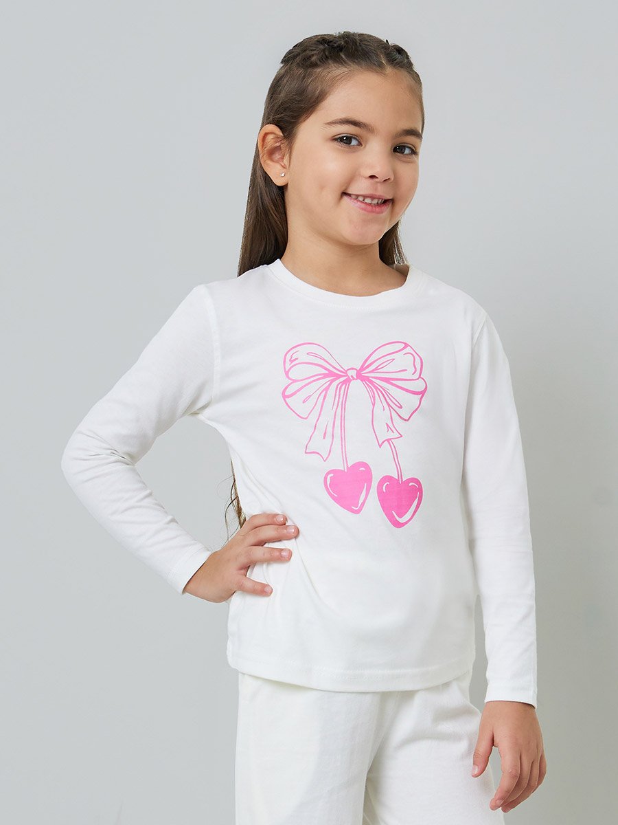 Girls Bow Print Cotton T-Shirt and Pyjama Set