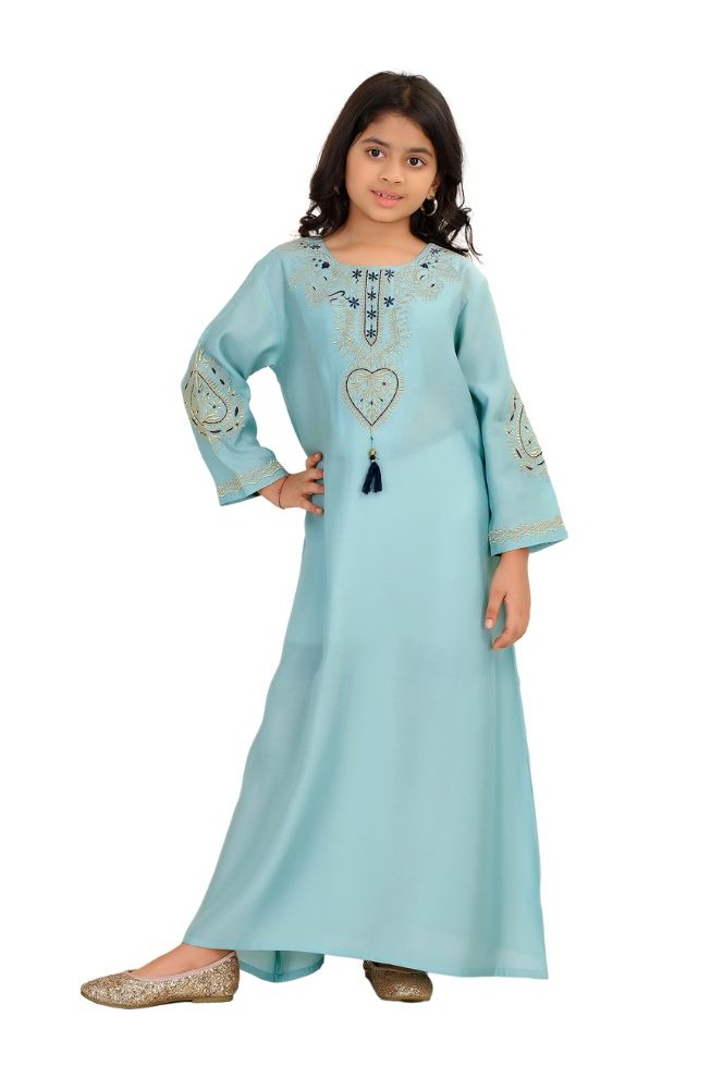 Girls Blue Embroidered A-Line Jalabiya