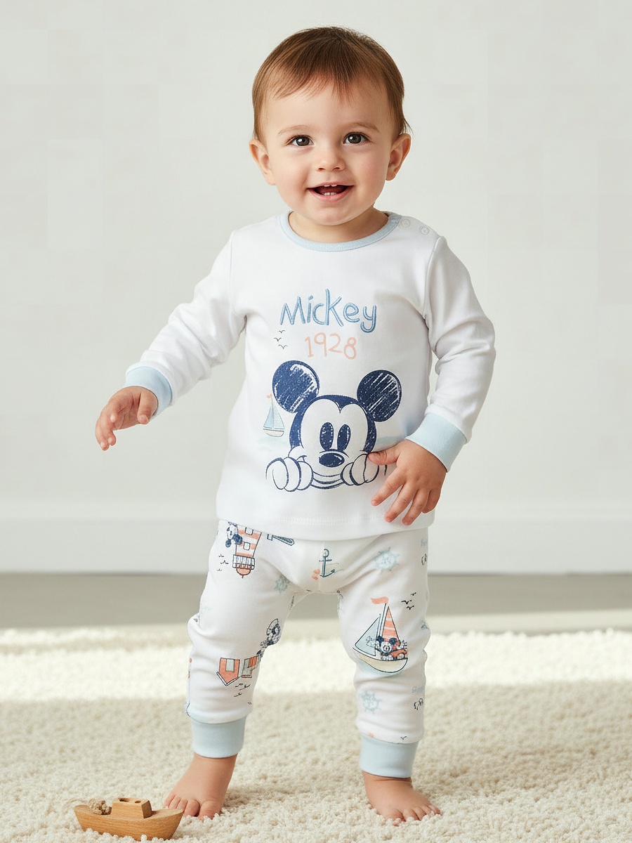 Cotton Round Neck Long Sleeves Pyjama Set with Mickey Mouse Print