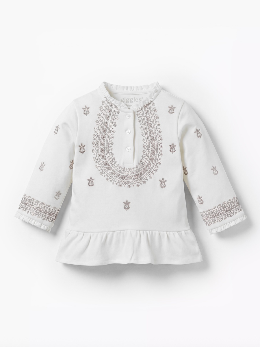Cotton Henley Neck Long Sleeve Pyjama Set with Embroidery