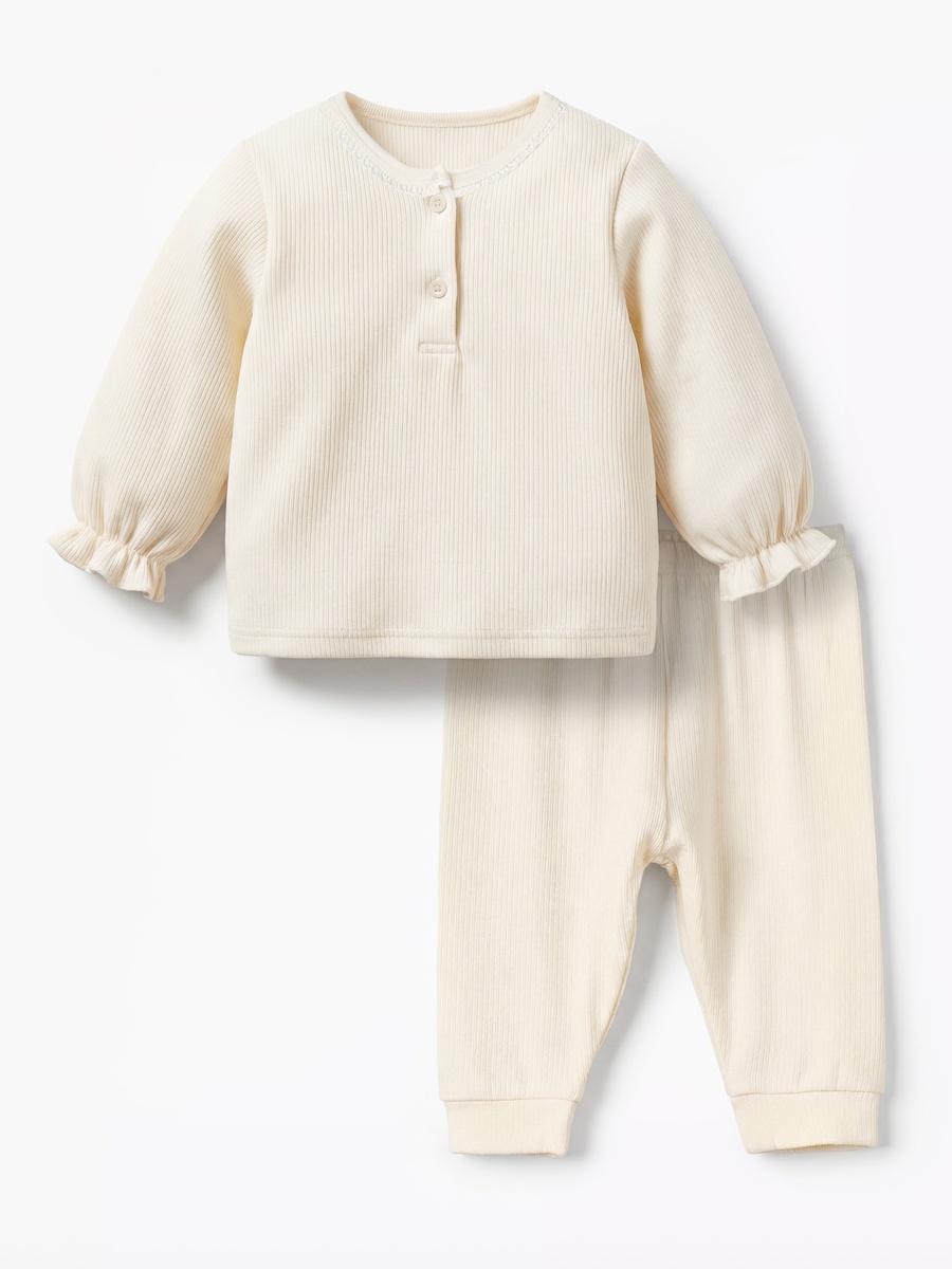 Henley Neck Long Sleeves Pyjama Set with Ribbed Texture