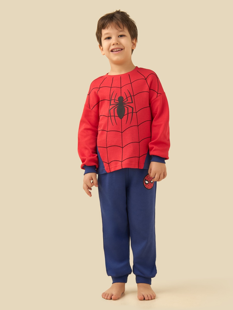 Cotton Crew Neck Long Sleeve Pyjama Set with Spider-Man Print