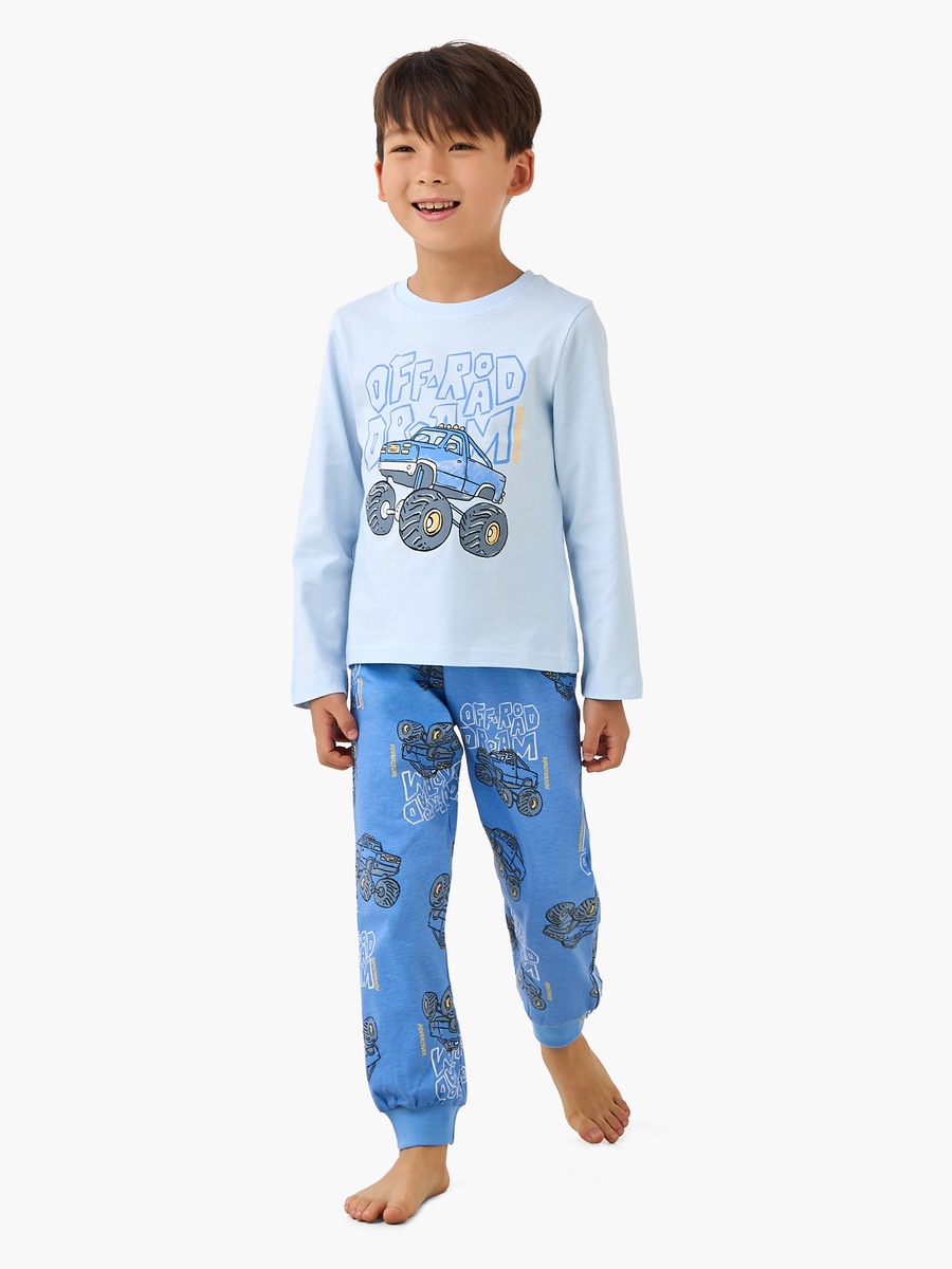 Cotton Round Neck Long Sleeves Pyjama Set with Monster Truck Print