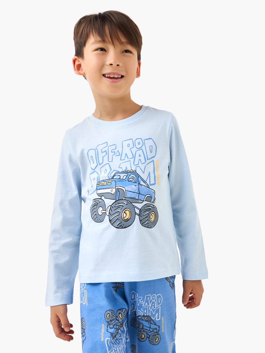 Cotton Round Neck Long Sleeves Pyjama Set with Monster Truck Print