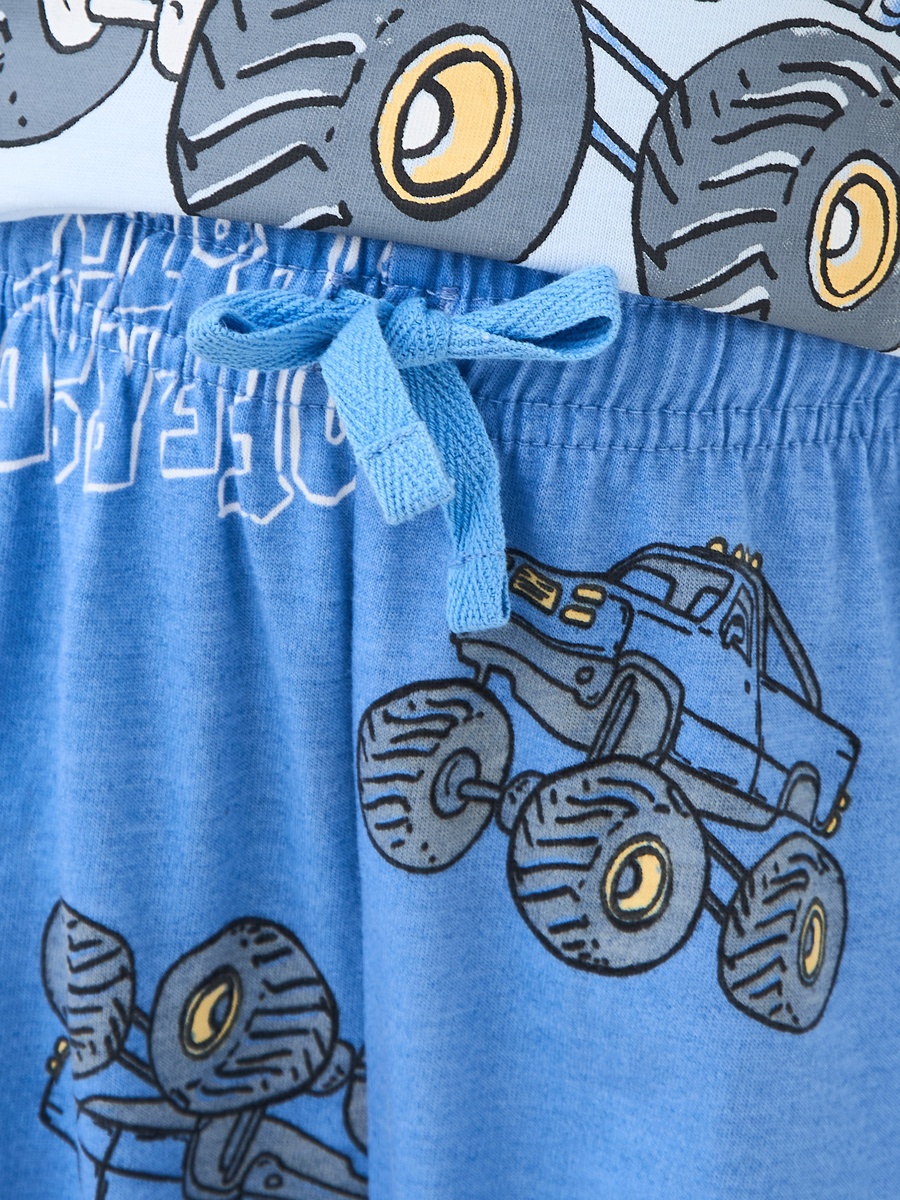 Cotton Round Neck Long Sleeves Pyjama Set with Monster Truck Print