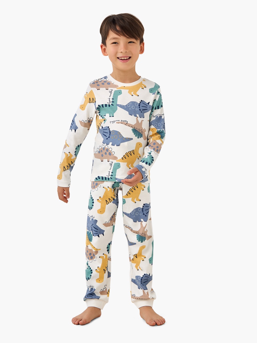 Cotton Crew Neck Long Sleeves Pyjama Set with Dinosaur Print