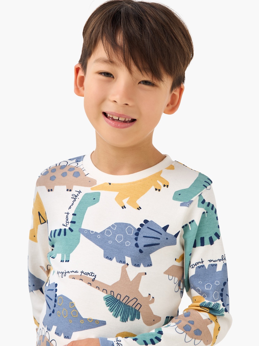 Cotton Crew Neck Long Sleeves Pyjama Set with Dinosaur Print