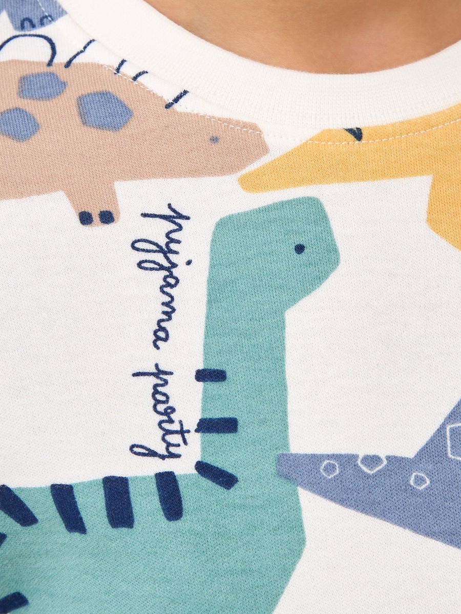 Cotton Crew Neck Long Sleeves Pyjama Set with Dinosaur Print