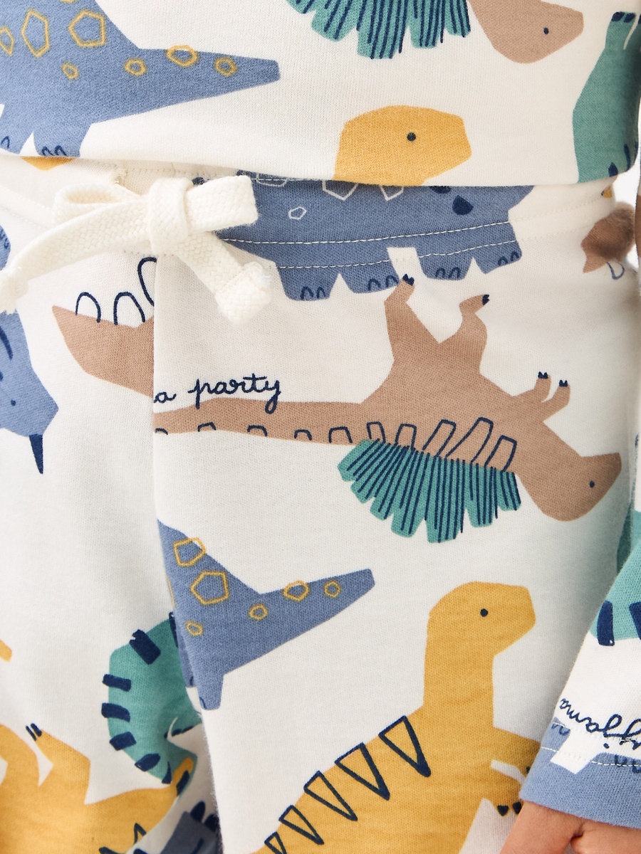 Cotton Crew Neck Long Sleeves Pyjama Set with Dinosaur Print