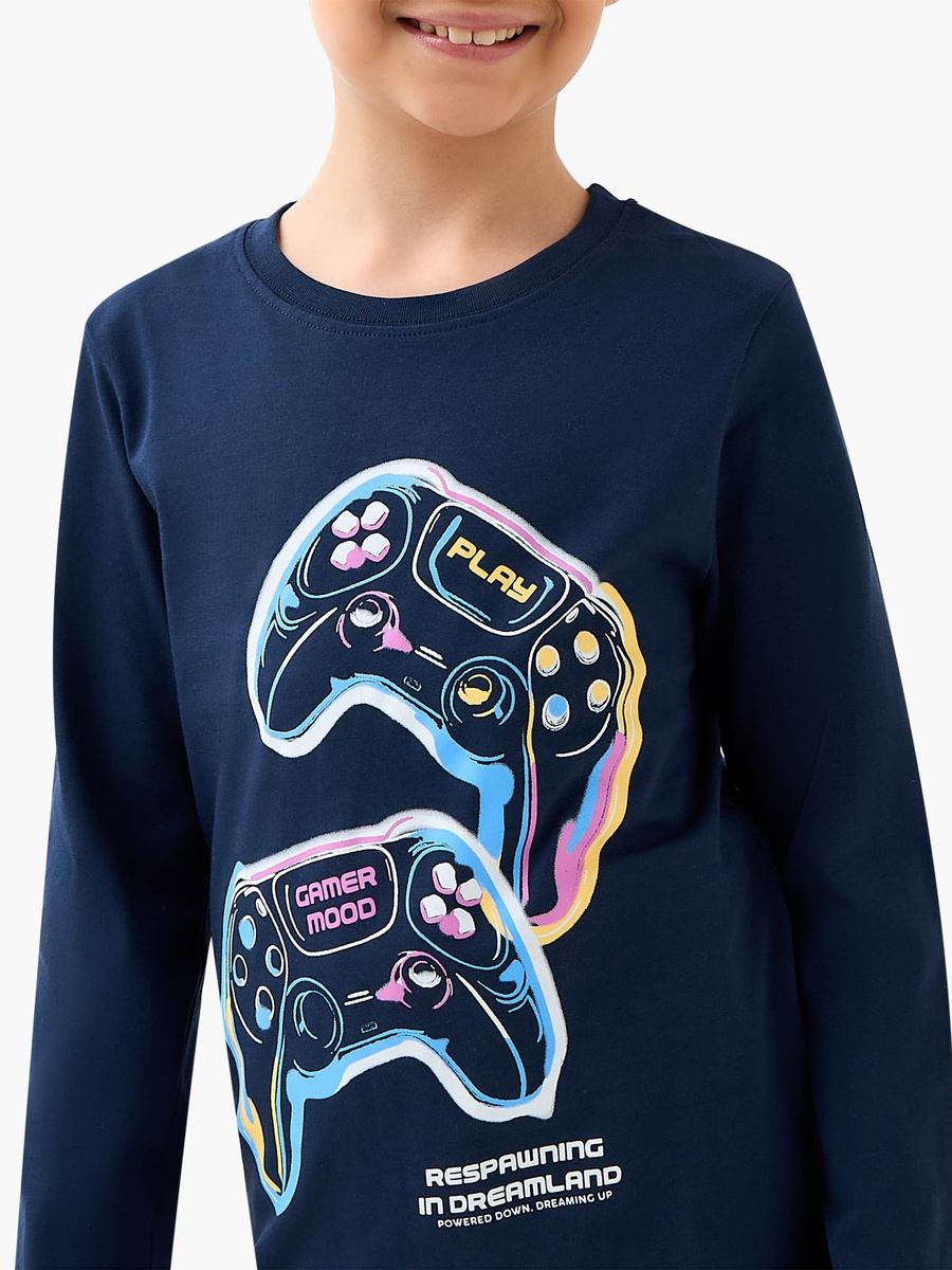 Cotton Crew Neck Long Sleeves Pyjama Set with Game Print