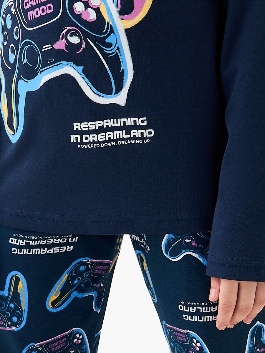 Cotton Crew Neck Long Sleeves Pyjama Set with Game Print