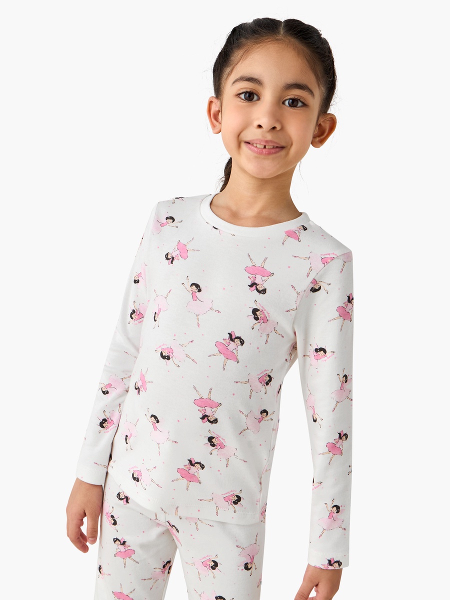 Cotton Crew Neck Long Sleeve Pyjama Set with Ballerina Print