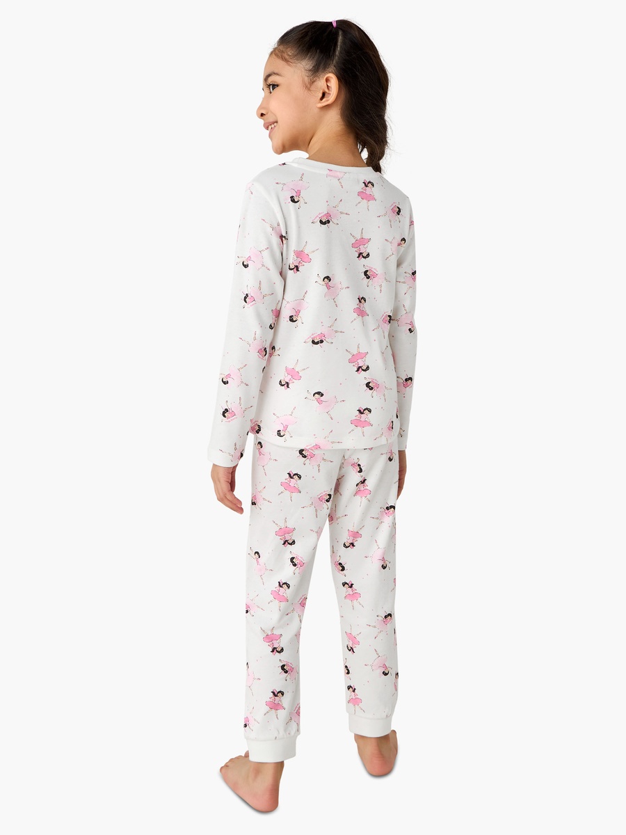 Cotton Crew Neck Long Sleeve Pyjama Set with Ballerina Print