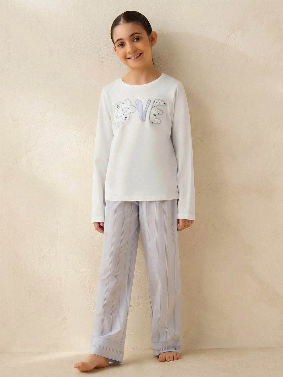 Cotton Round Neck Long Sleeves Pyjama Set with Applique Detail