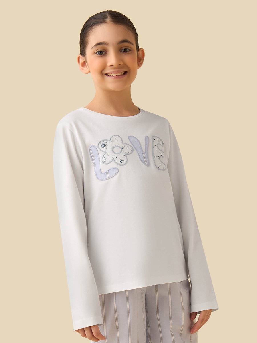 Cotton Round Neck Long Sleeves Pyjama Set with Applique Detail
