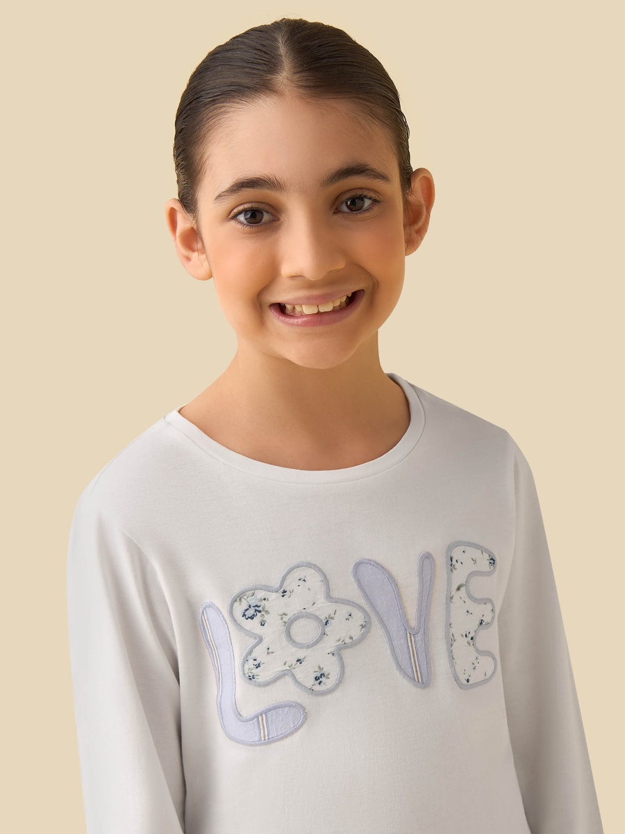 Cotton Round Neck Long Sleeves Pyjama Set with Applique Detail