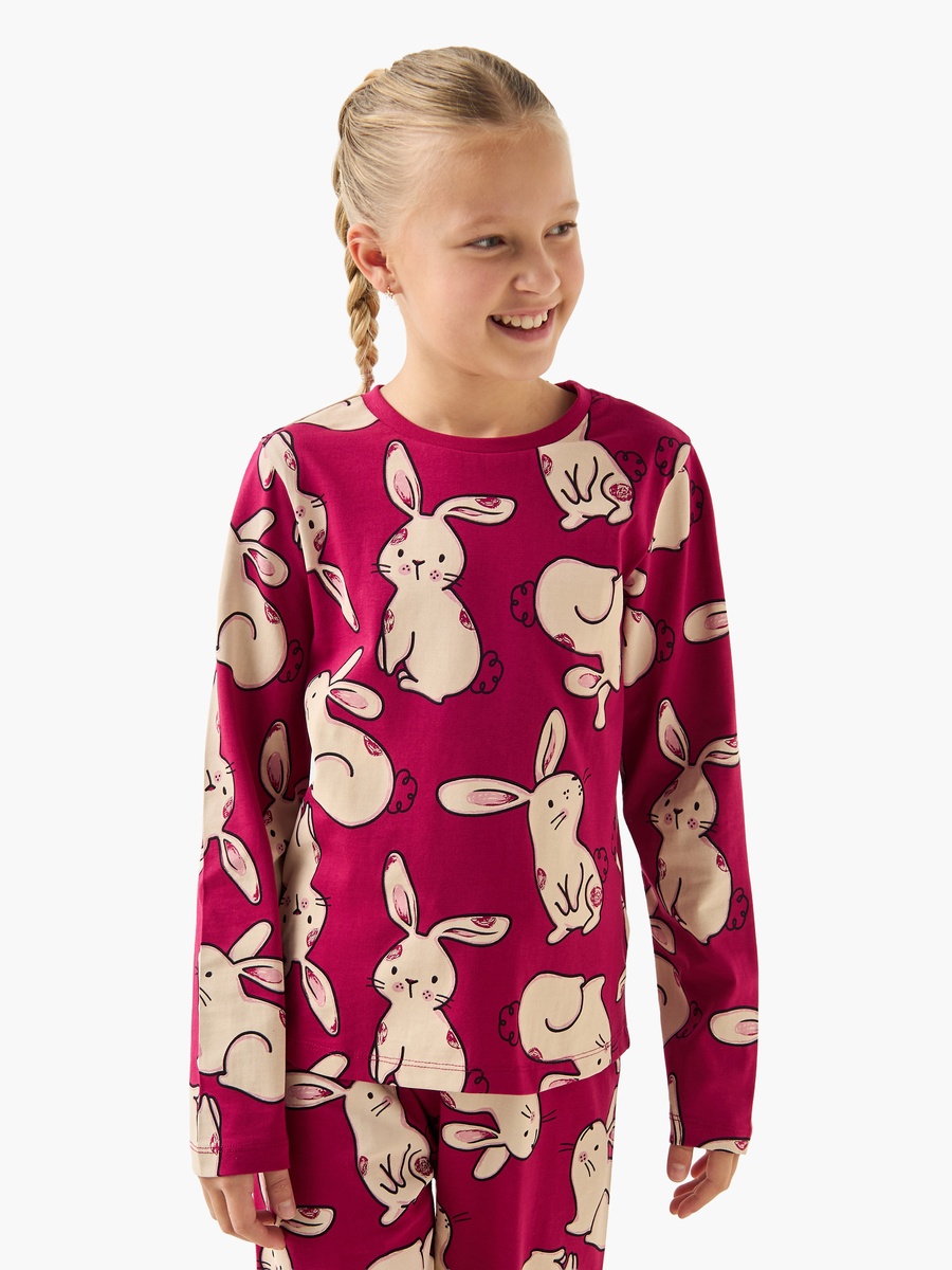 Cotton Crew Neck Long Sleeve Pyjama Set with Bunny Print