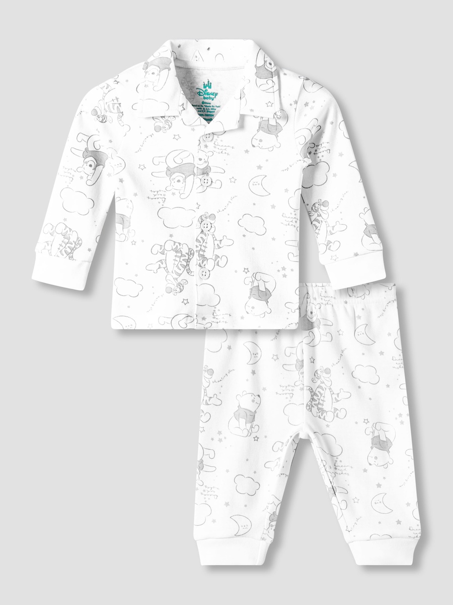 Cotton Collared Neck Long Sleeve Pyjama Set with Winnie The Pooh Print