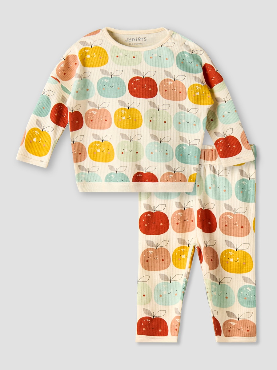 Cotton Round Neck Long Sleeves Pyjama Set with Apple Print