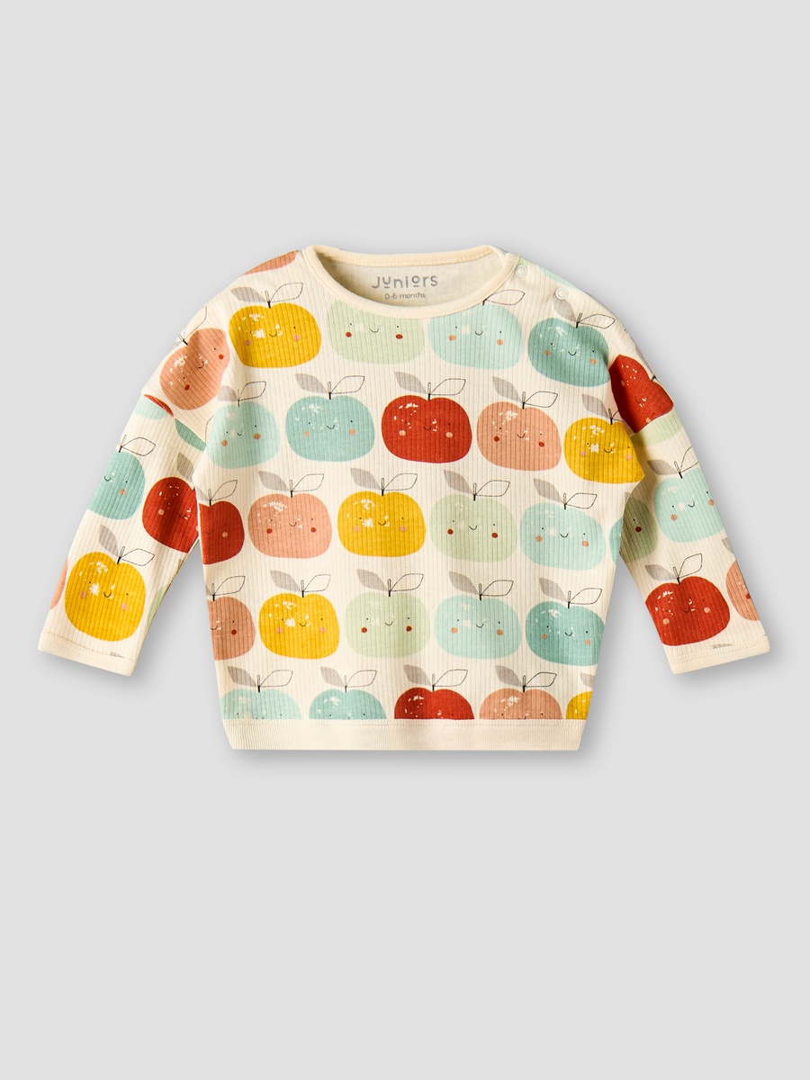 Cotton Round Neck Long Sleeves Pyjama Set with Apple Print