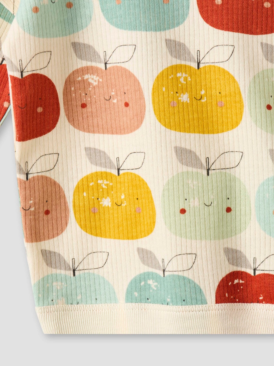 Cotton Round Neck Long Sleeves Pyjama Set with Apple Print