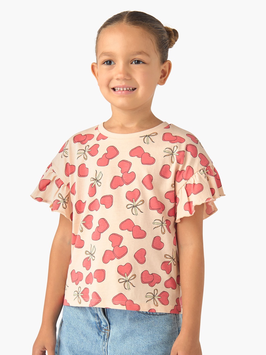 Crew Neck Short Ruffle Sleeves T-Shirt with Heart Print