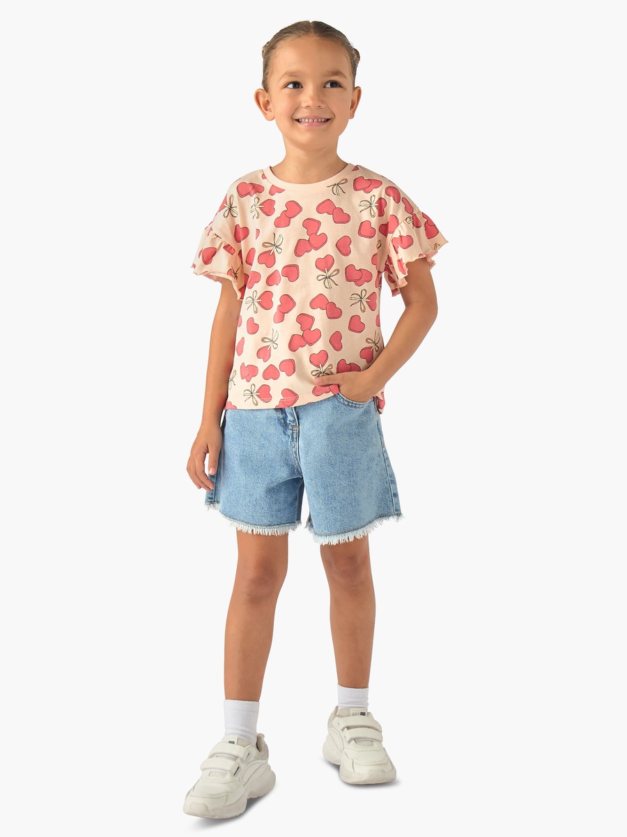 Crew Neck Short Ruffle Sleeves T-Shirt with Heart Print