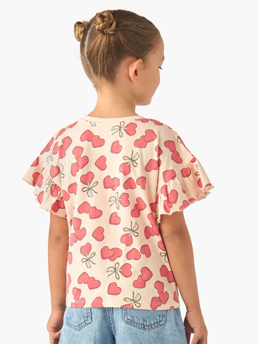 Crew Neck Short Ruffle Sleeves T-Shirt with Heart Print