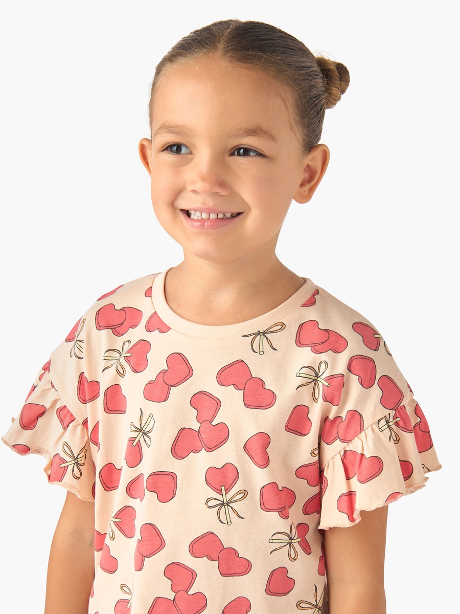 Crew Neck Short Ruffle Sleeves T-Shirt with Heart Print