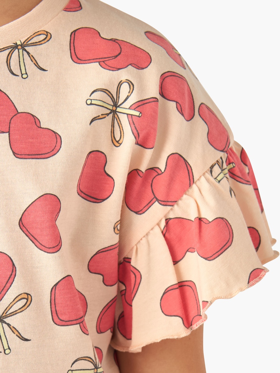 Crew Neck Short Ruffle Sleeves T-Shirt with Heart Print