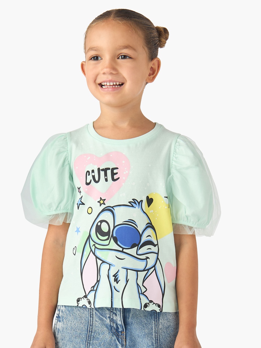 Round Neck Short Sleeve T-Shirt with Stitch Print