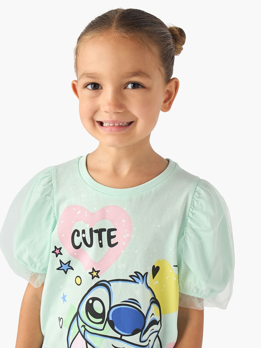 Round Neck Short Sleeve T-Shirt with Stitch Print